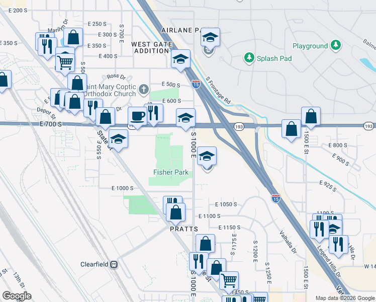 map of restaurants, bars, coffee shops, grocery stores, and more near 850 South 1000 East in Clearfield
