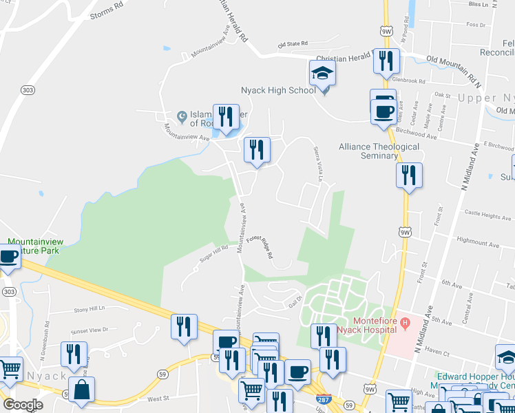 map of restaurants, bars, coffee shops, grocery stores, and more near 251 Mountainview Avenue in Nyack