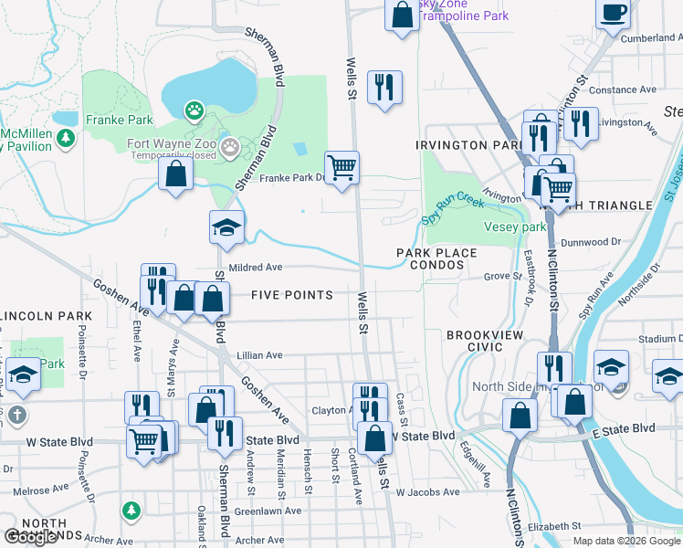 map of restaurants, bars, coffee shops, grocery stores, and more near 2801 North Wells Street in Fort Wayne