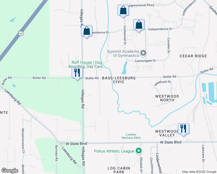 map of restaurants, bars, coffee shops, grocery stores, and more near 3515 Butler Road in Fort Wayne