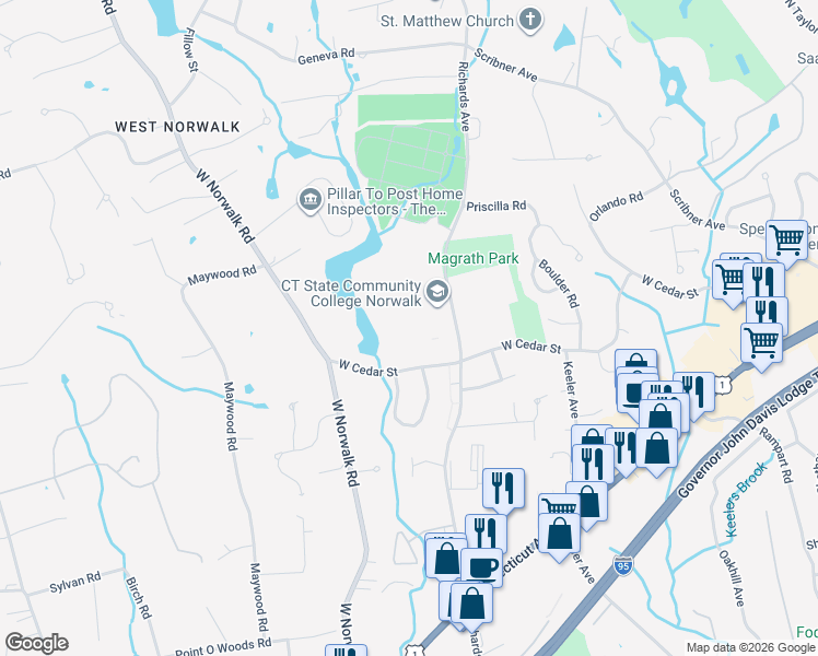 map of restaurants, bars, coffee shops, grocery stores, and more near 181 Richards Avenue in Norwalk