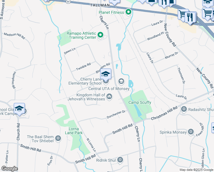 map of restaurants, bars, coffee shops, grocery stores, and more near 1 Heather Drive in Suffern