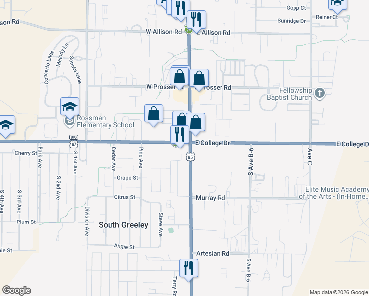 map of restaurants, bars, coffee shops, grocery stores, and more near 1753 South Greeley Highway in Cheyenne