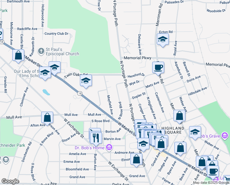 map of restaurants, bars, coffee shops, grocery stores, and more near 122 North Rose Boulevard in Akron