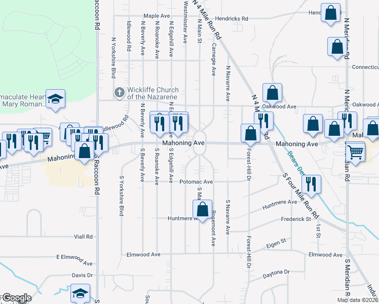map of restaurants, bars, coffee shops, grocery stores, and more near 35 Parkgate Avenue in Youngstown