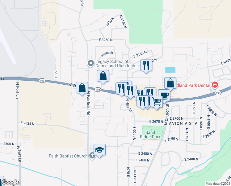 map of restaurants, bars, coffee shops, grocery stores, and more near in Layton