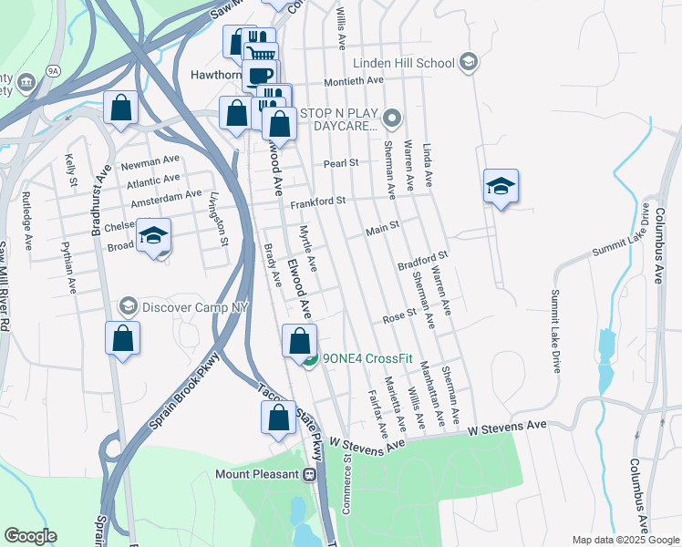 map of restaurants, bars, coffee shops, grocery stores, and more near 33 Bradford Street in Hawthorne