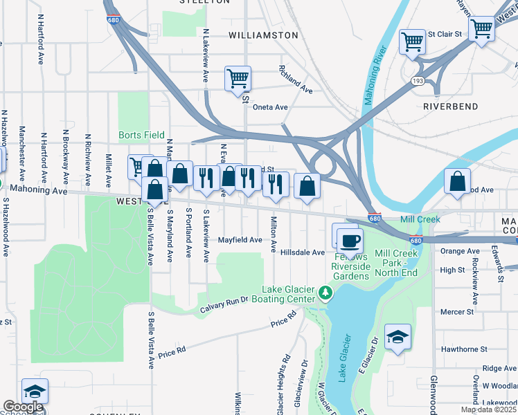 map of restaurants, bars, coffee shops, grocery stores, and more near 15 Hampton Court in Youngstown
