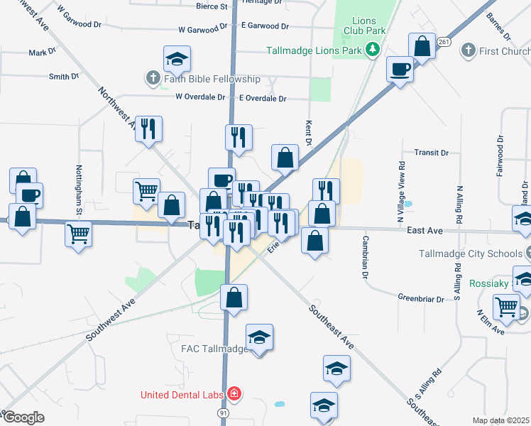 map of restaurants, bars, coffee shops, grocery stores, and more near 70 East Avenue in Tallmadge