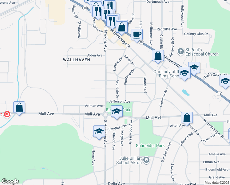 map of restaurants, bars, coffee shops, grocery stores, and more near 1599 Jefferson Avenue in Akron