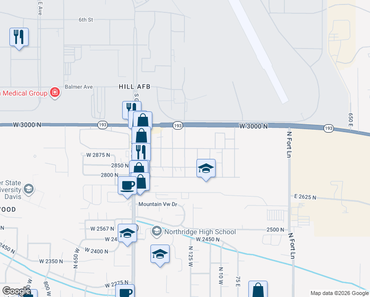 map of restaurants, bars, coffee shops, grocery stores, and more near 205 Darlington Way in Layton
