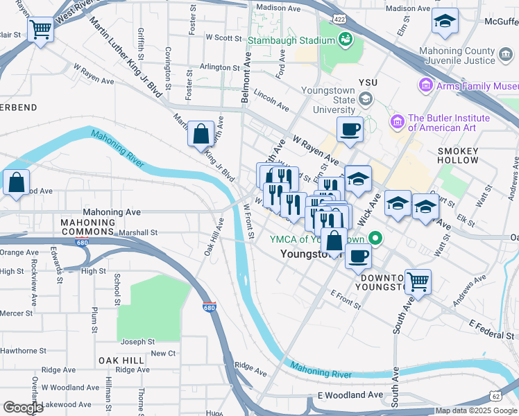 map of restaurants, bars, coffee shops, grocery stores, and more near 325 West Federal Street in Youngstown