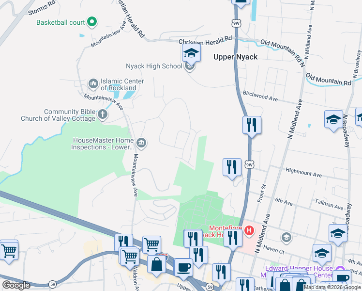 map of restaurants, bars, coffee shops, grocery stores, and more near 451 Sierra Vista Lane in Valley Cottage