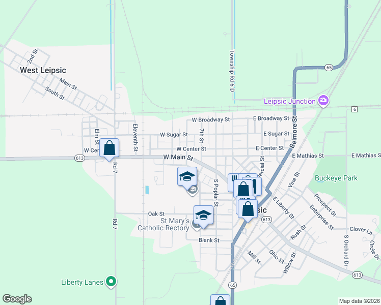 map of restaurants, bars, coffee shops, grocery stores, and more near 208 West Main Street in Leipsic