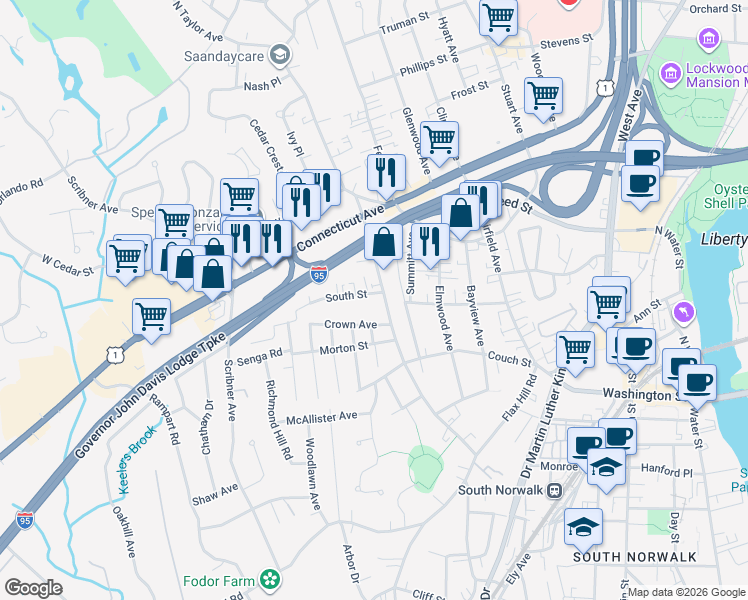 map of restaurants, bars, coffee shops, grocery stores, and more near 74 Taylor Avenue in Norwalk
