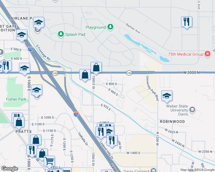 map of restaurants, bars, coffee shops, grocery stores, and more near 1580 East 900 South in Clearfield