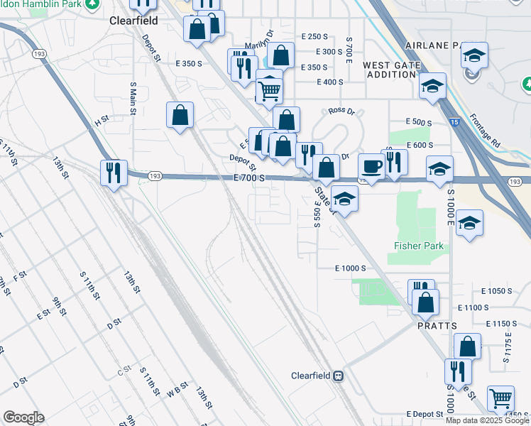map of restaurants, bars, coffee shops, grocery stores, and more near 490 East 700 South in Clearfield