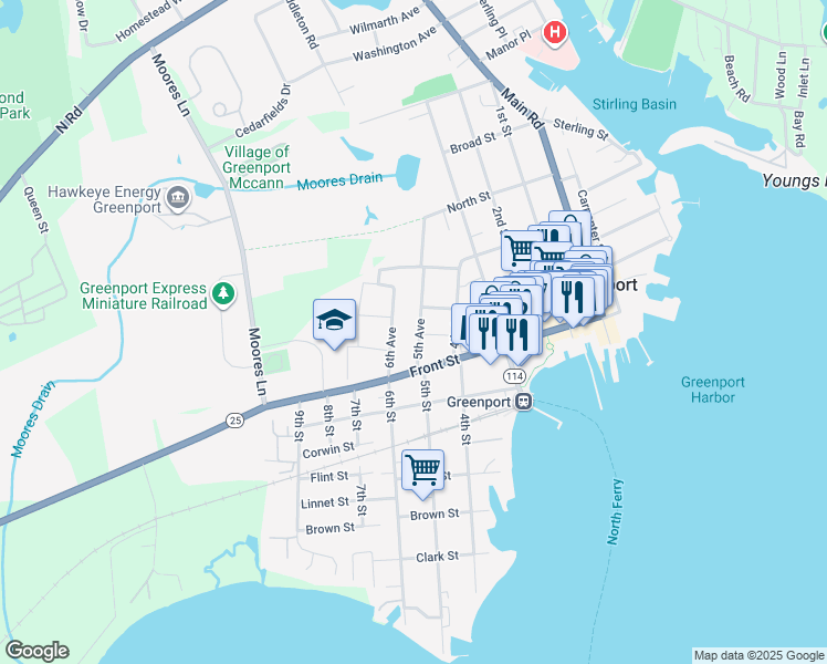map of restaurants, bars, coffee shops, grocery stores, and more near 212 5th Avenue in Greenport