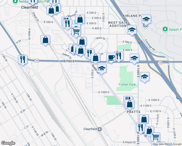 map of restaurants, bars, coffee shops, grocery stores, and more near 830 South 550 East in Clearfield