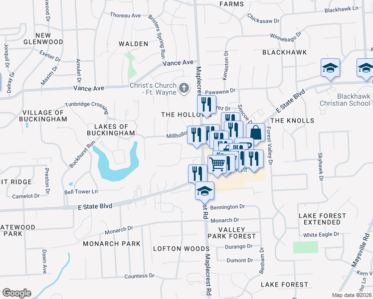 map of restaurants, bars, coffee shops, grocery stores, and more near 6001-6099 Brandy Chase Cove in Fort Wayne