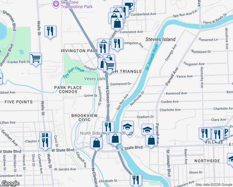 map of restaurants, bars, coffee shops, grocery stores, and more near Field Street in Fort Wayne