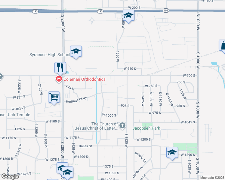 map of restaurants, bars, coffee shops, grocery stores, and more near 1621 Heritage Parkway in Syracuse