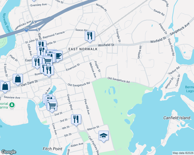 map of restaurants, bars, coffee shops, grocery stores, and more near 23 Old Saugatuck Road in Norwalk