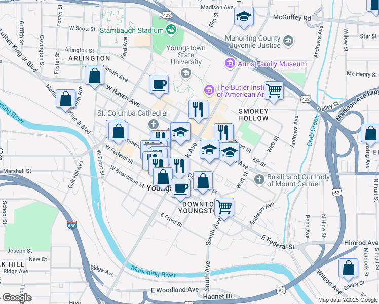 map of restaurants, bars, coffee shops, grocery stores, and more near 222 Wick Avenue in Youngstown