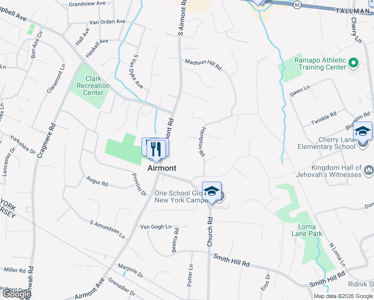 map of restaurants, bars, coffee shops, grocery stores, and more near 5 Hampton Road in Airmont