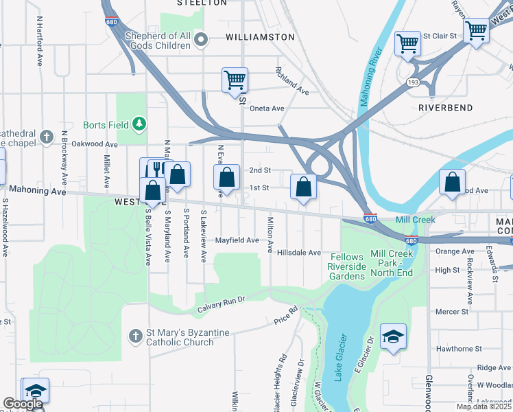 map of restaurants, bars, coffee shops, grocery stores, and more near 1612 Mahoning Avenue in Youngstown