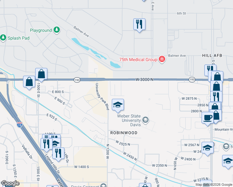 map of restaurants, bars, coffee shops, grocery stores, and more near 1165 2875 North in Layton