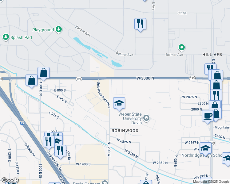 map of restaurants, bars, coffee shops, grocery stores, and more near 1165 2875 North in Layton