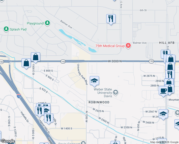 map of restaurants, bars, coffee shops, grocery stores, and more near 1165 2875 North in Layton
