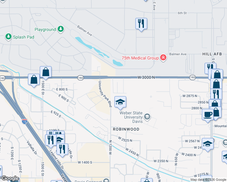 map of restaurants, bars, coffee shops, grocery stores, and more near 1165 2875 North in Layton