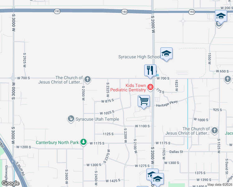 map of restaurants, bars, coffee shops, grocery stores, and more near 14 West 875 South in Syracuse
