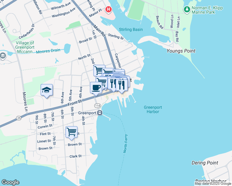 map of restaurants, bars, coffee shops, grocery stores, and more near 101 Front Street in Greenport
