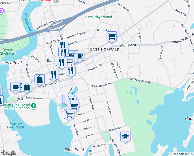 map of restaurants, bars, coffee shops, grocery stores, and more near 9 Old Saugatuck Road in Norwalk