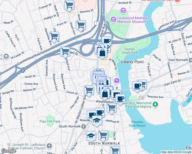 map of restaurants, bars, coffee shops, grocery stores, and more near 22 Doctor Martin Luther King Junior Drive in Norwalk