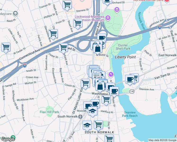 map of restaurants, bars, coffee shops, grocery stores, and more near 22 Doctor Martin Luther King Junior Drive in Norwalk