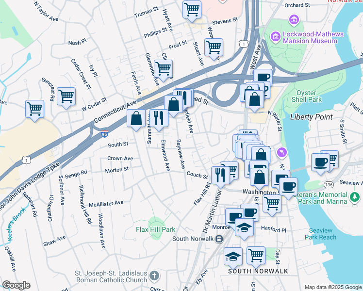 map of restaurants, bars, coffee shops, grocery stores, and more near 4 Golden Hill Street in Norwalk