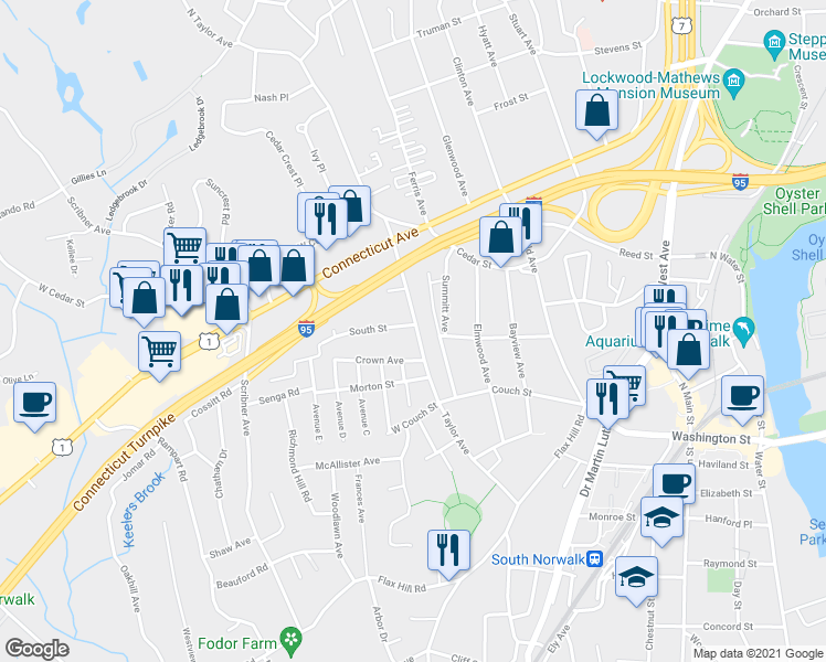 map of restaurants, bars, coffee shops, grocery stores, and more near 74 Taylor Avenue in Norwalk