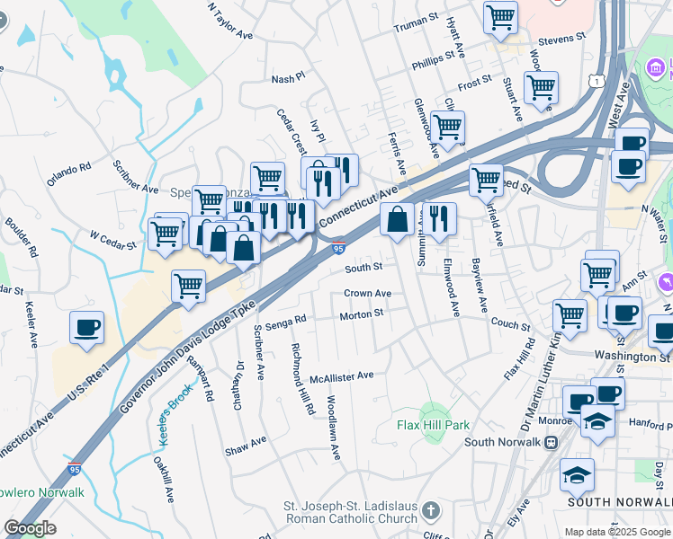 map of restaurants, bars, coffee shops, grocery stores, and more near 32 Crown Avenue in Norwalk