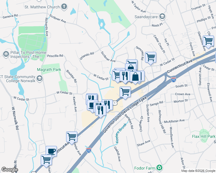 map of restaurants, bars, coffee shops, grocery stores, and more near 402 Connecticut Avenue in Norwalk
