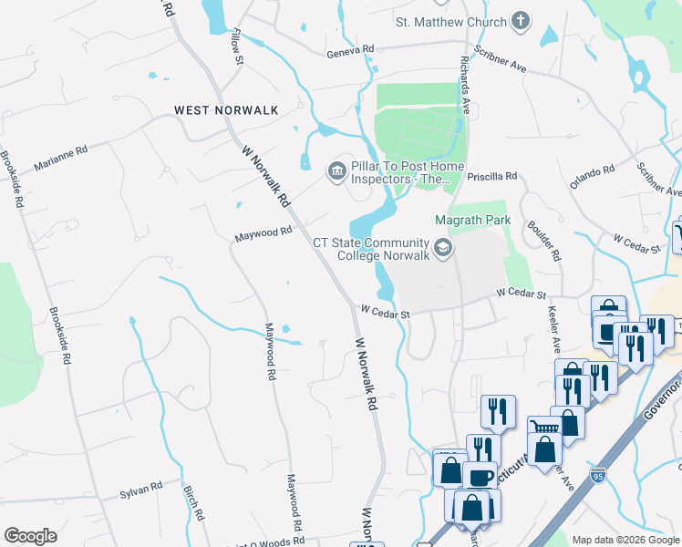 map of restaurants, bars, coffee shops, grocery stores, and more near 124 West Norwalk Road in Norwalk