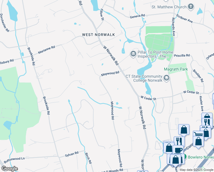 map of restaurants, bars, coffee shops, grocery stores, and more near 98 Maywood Road in Norwalk