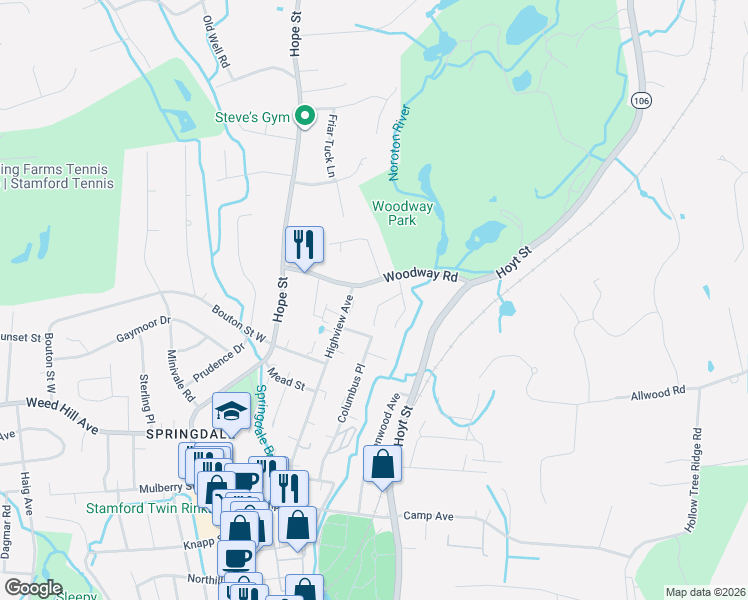 map of restaurants, bars, coffee shops, grocery stores, and more near 36 Dorset Lane in Stamford