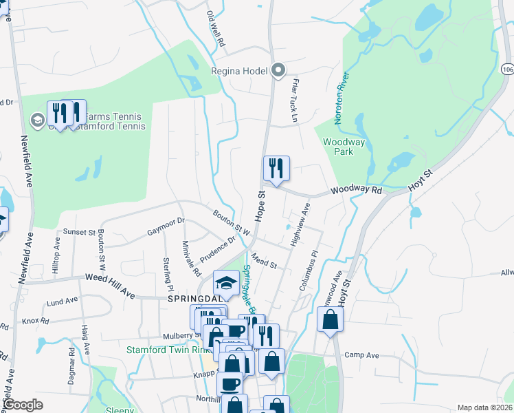 map of restaurants, bars, coffee shops, grocery stores, and more near 1285 Hope Street in Stamford