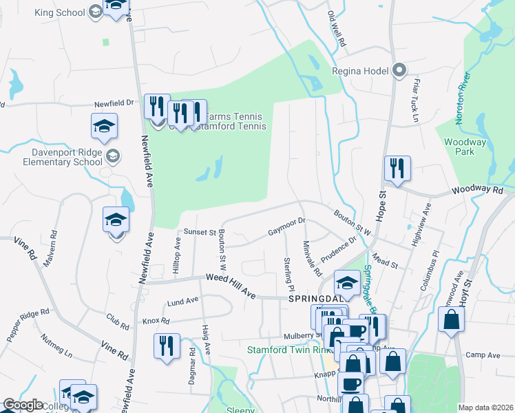 map of restaurants, bars, coffee shops, grocery stores, and more near 178 Bouton Street West in Stamford