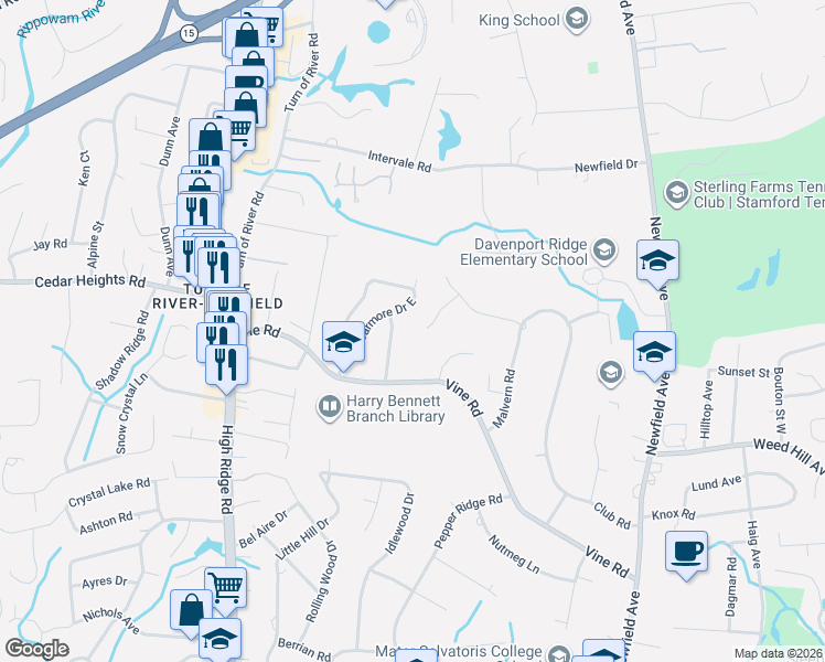 map of restaurants, bars, coffee shops, grocery stores, and more near 176 Vine Road in Stamford