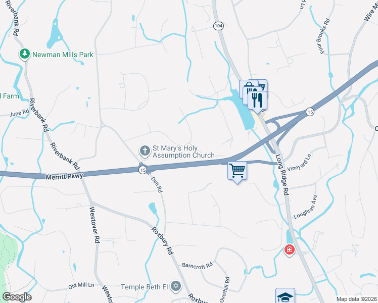 map of restaurants, bars, coffee shops, grocery stores, and more near 121 Barclay Drive in Stamford